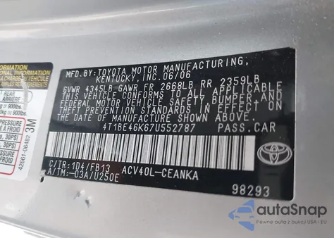 2007 Toyota Camry Ce/Le/Xle/Se z USA, uszkodzony, nr VIN 4T1BE46K67U552787